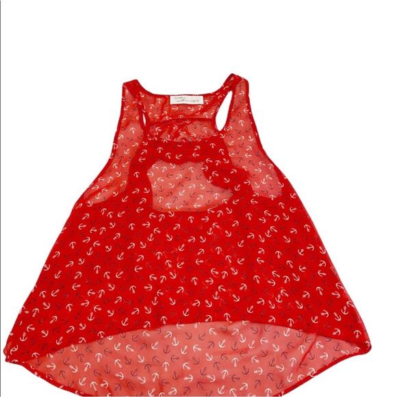 Vintage Havana Red White & Blue Sheer Anchor Print Ruffle Cut Out Back Top, M* - Picture 3 of 10